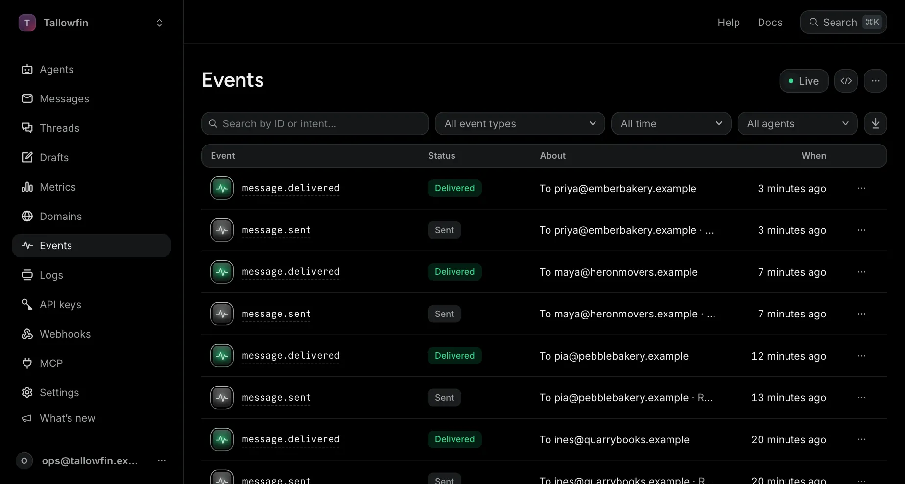 The Events page of the dashboard: a live list of events, each with its status, the message it is about and its time