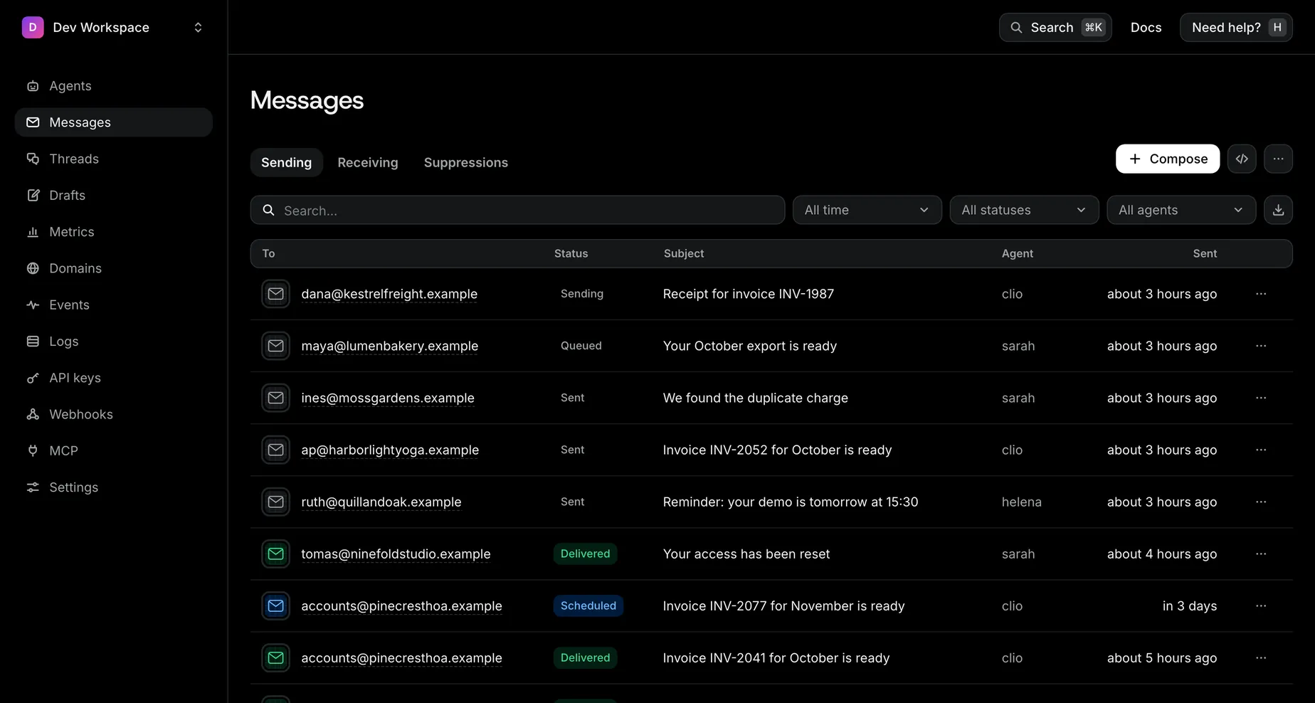 The mails.ai Messages page, filled with example data