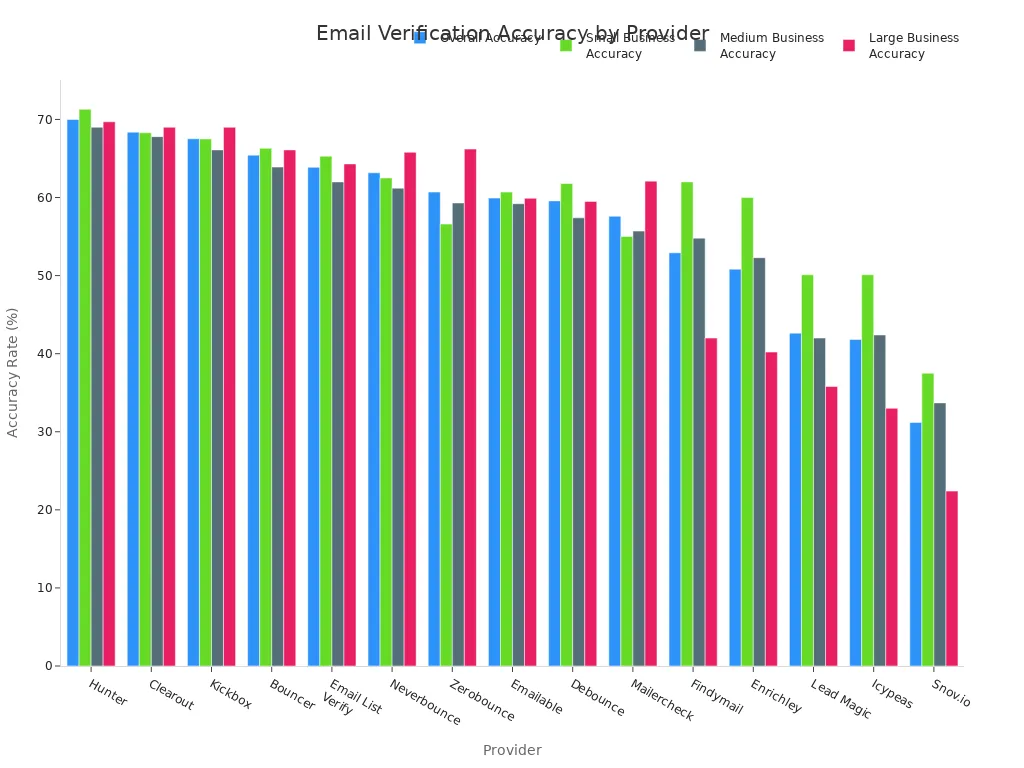 A grouped bar chart showing the email verification accuracy rates for various providers across overall, small, medium, and large business categories.
