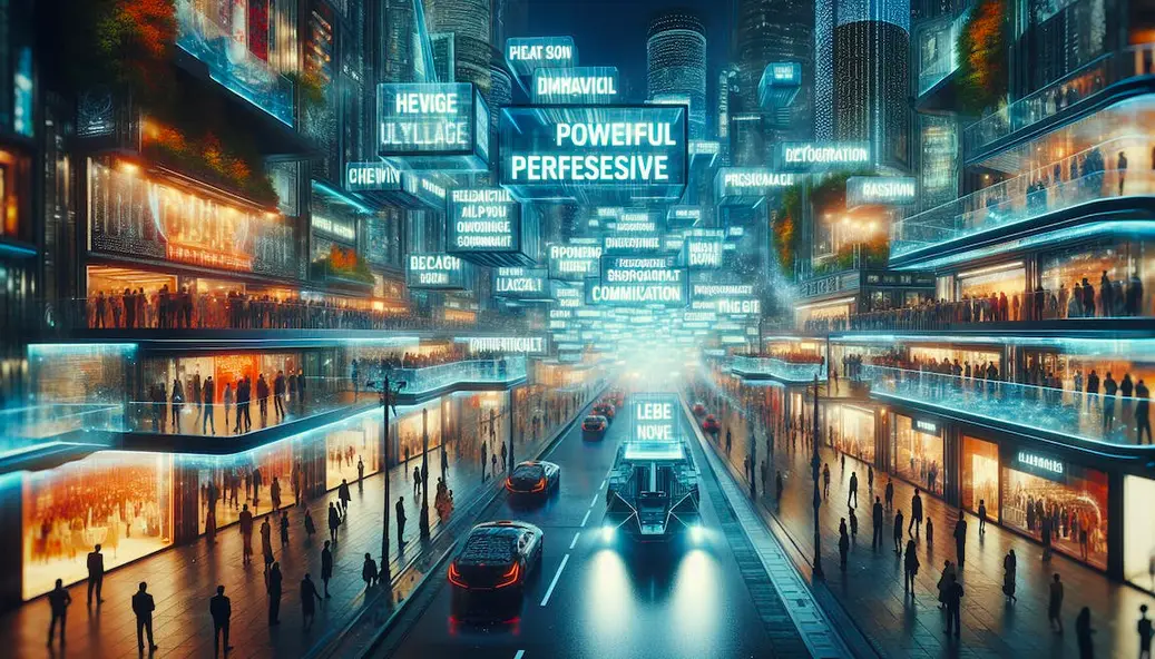 Futuristic city scene with illuminated billboards representing persuasive messaging and cold email communication strategies