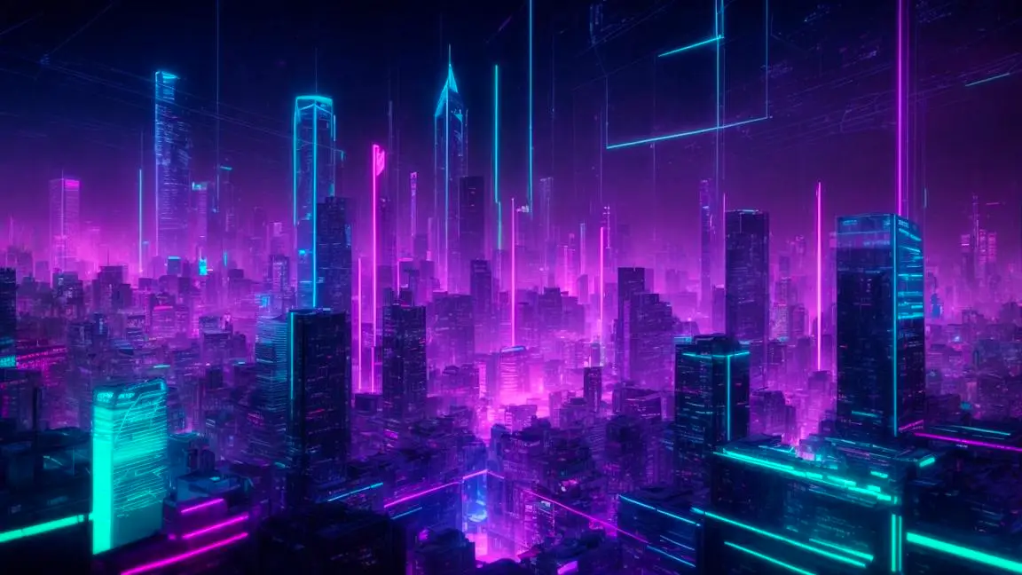 Futuristic neon cityscape with floating holograms, symbolizing an elevated email marketing strategy