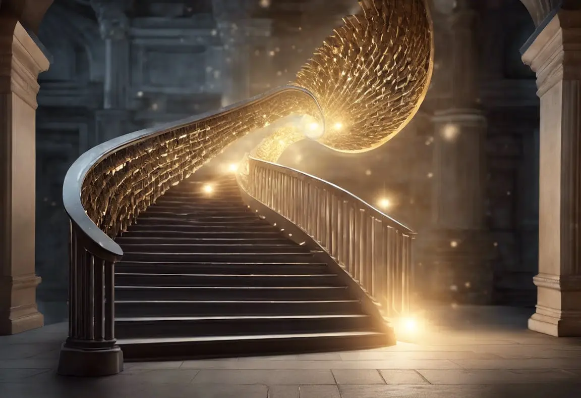 A glowing spiral staircase symbolizing the gradual email warm-up process for building sender reputation