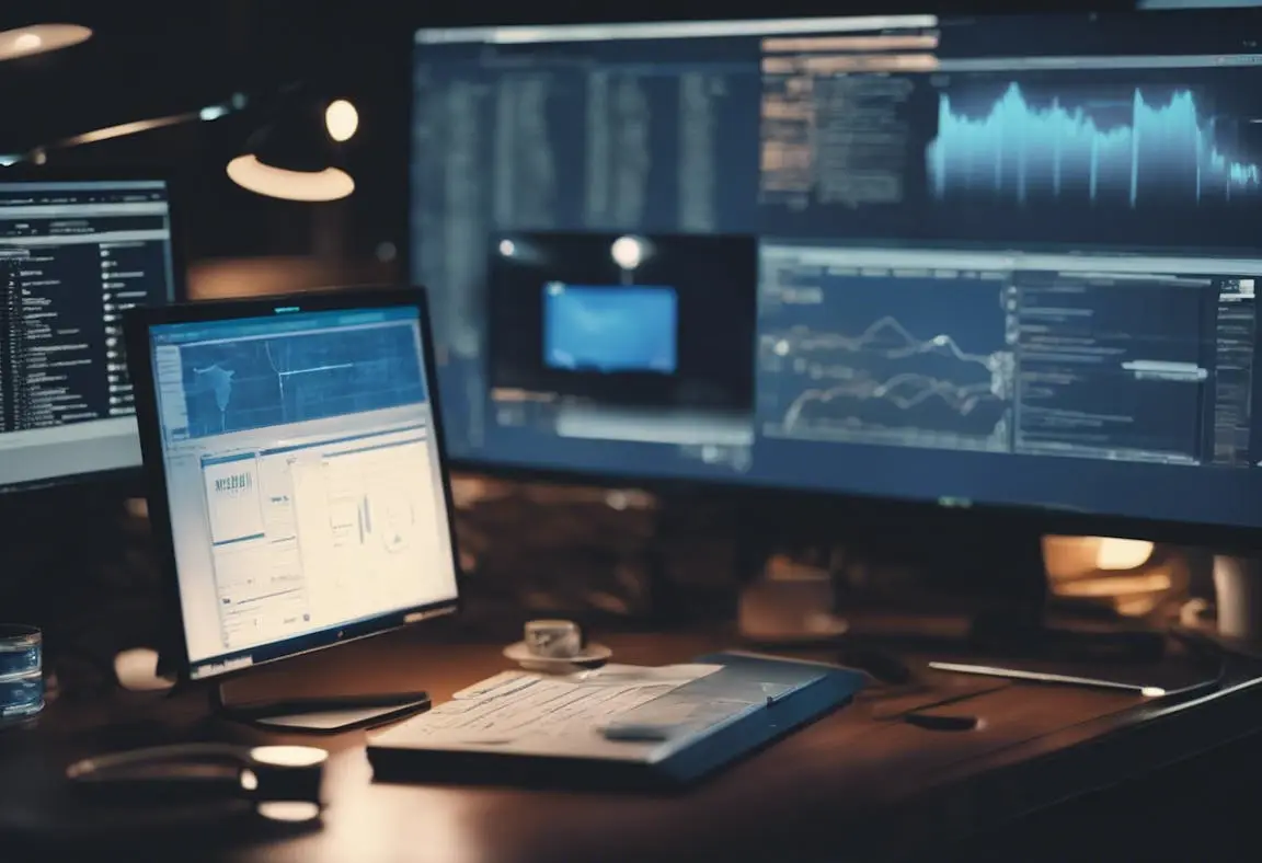 Multiple monitors showing email analytics dashboards used to track and manage email warm-up tool performance