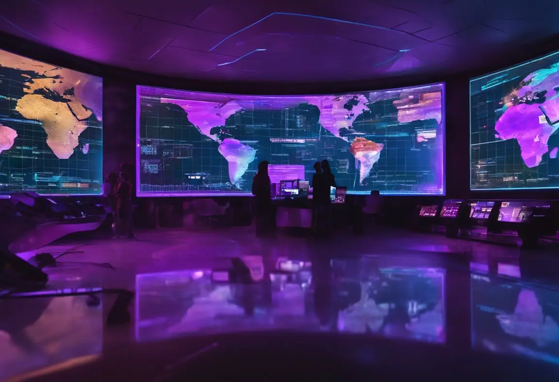 Marketing team in a purple-lit room with world map displays planning a cold email outreach strategy