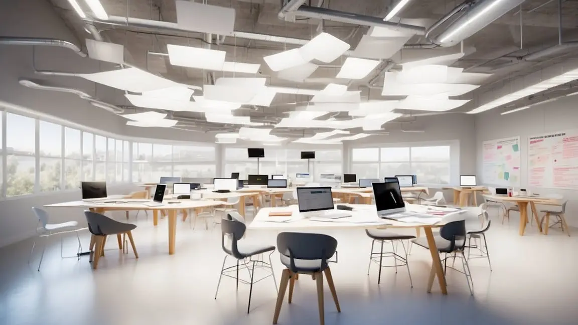 Modern open-plan office with laptops and planning boards for developing an elevated email marketing strategy
