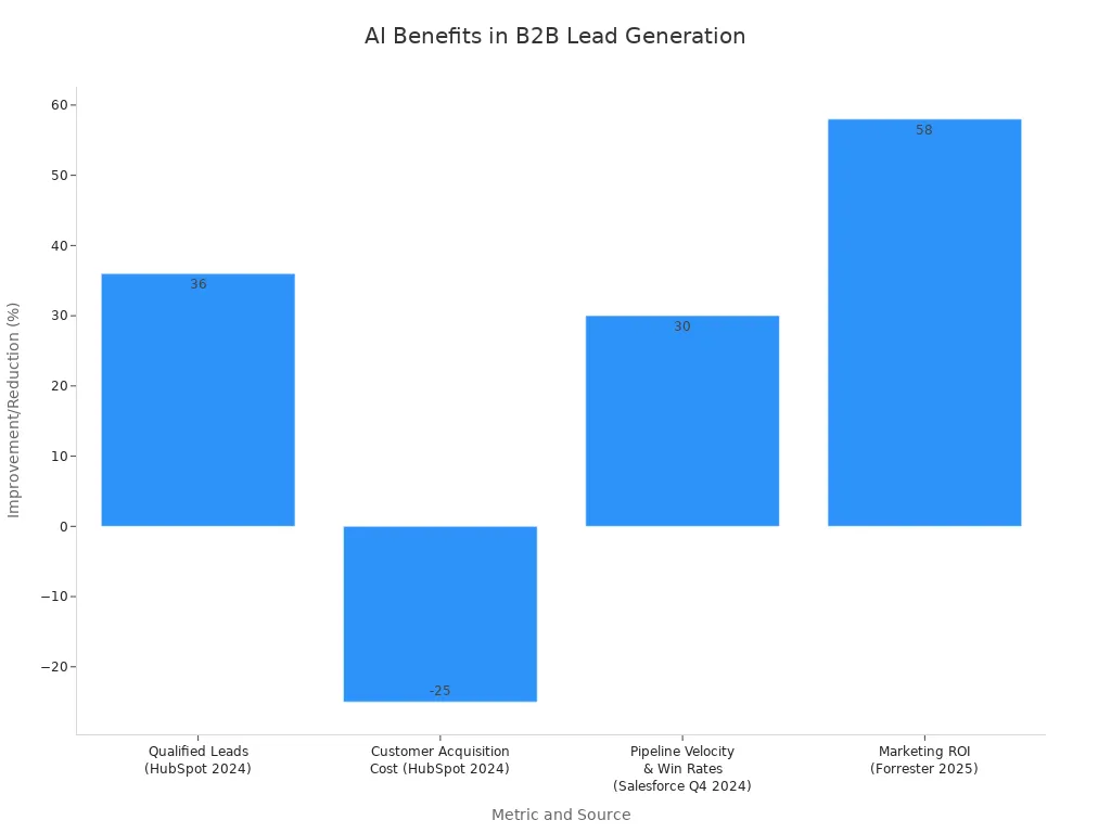 A bar chart showing the percentage improvement or reduction in various B2B lead generation metrics due to AI, sourced from HubSpot, Salesforce, and Forrester.