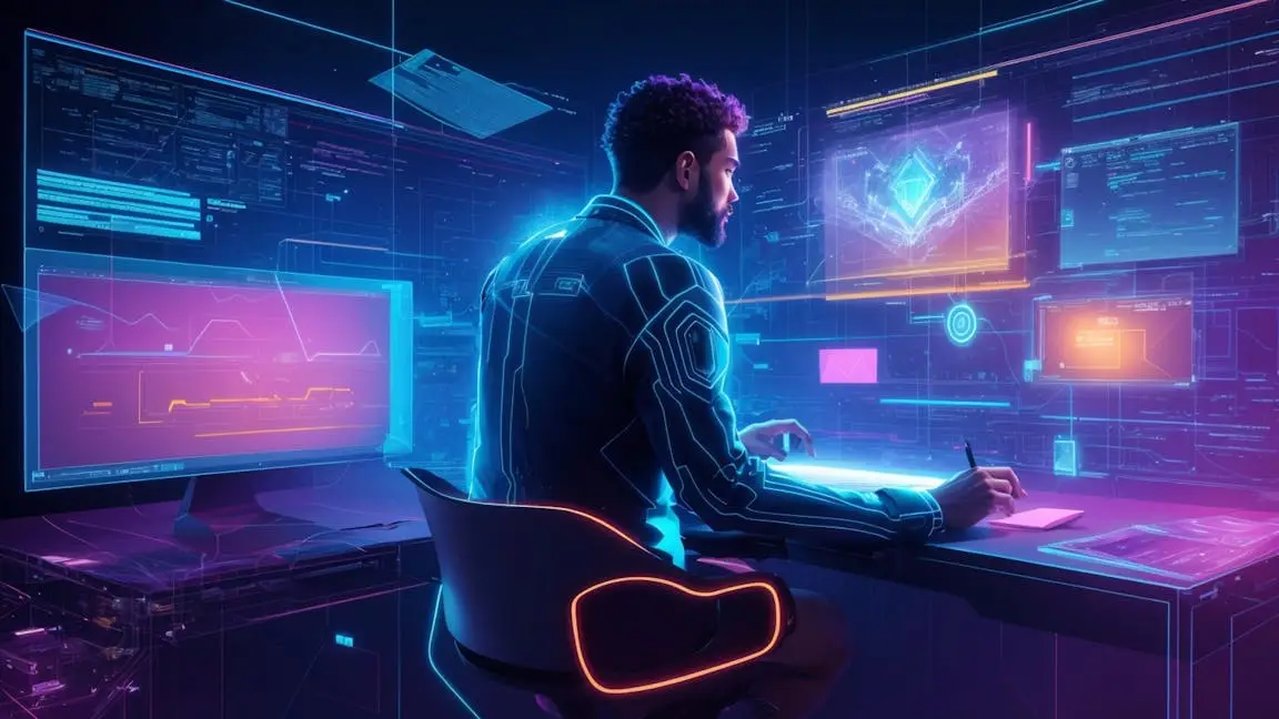 Person writing cold emails at a futuristic digital workspace with multiple data screens
