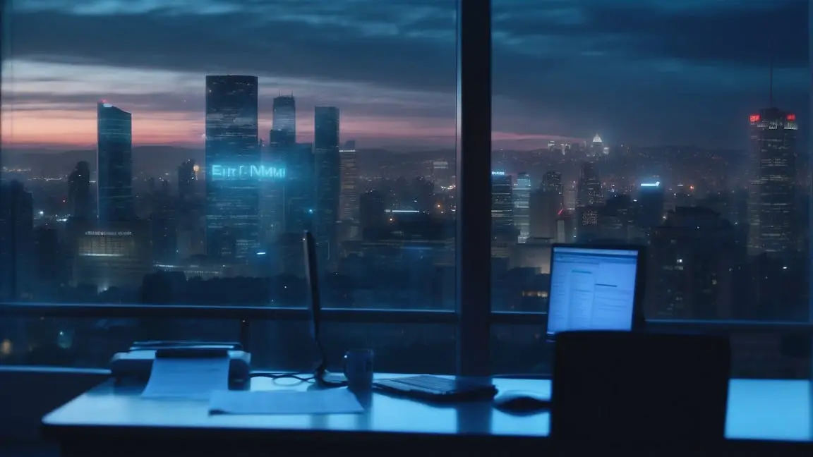 Desk with a laptop and city view at night, symbolizing a winning cold email strategy