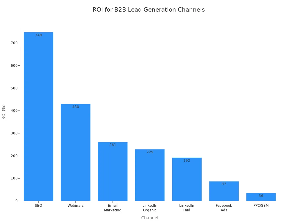 A bar chart showing the Return on Investment (ROI) for various B2B lead generation channels, with SEO having the highest ROI at 748% and PPC/SEM the lowest at 36.